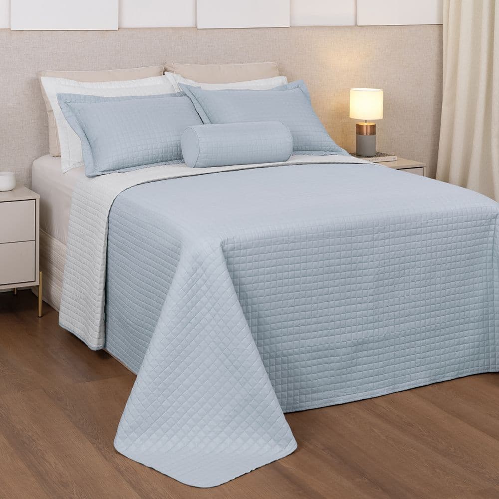 COBRE LEITO PLAZA CASAL DUPLA FACE 03 PCS POL. - AZUL CLARO/PALHA