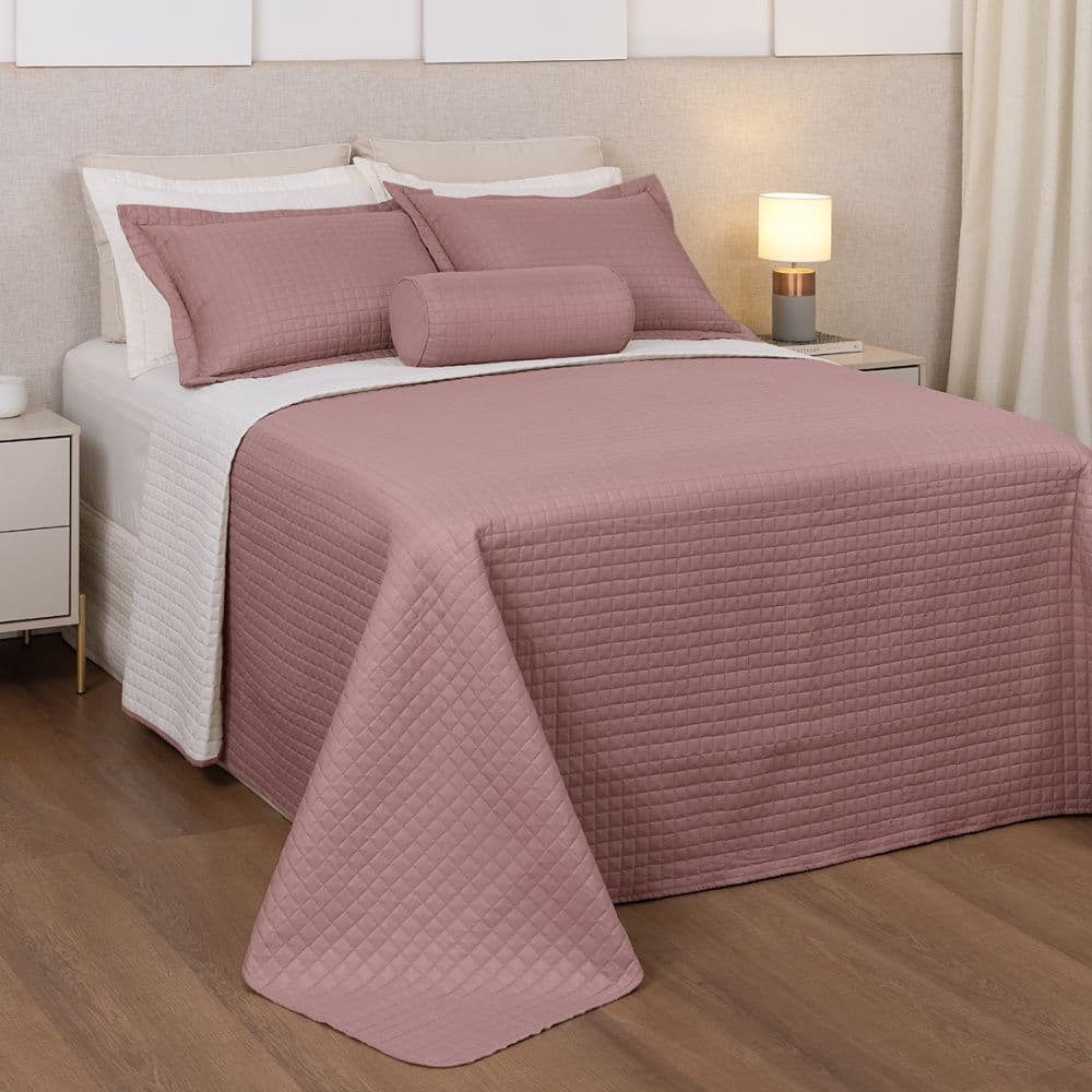 COBRE LEITO PLAZA QUEEN DUPLA FACE 03 PCS POL. - ROSA ANTIGO/PALHA
